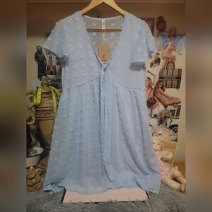 ePretty Light Blue Swiss Dot V Neck Ribbon Front Flounce Sleeve Dress